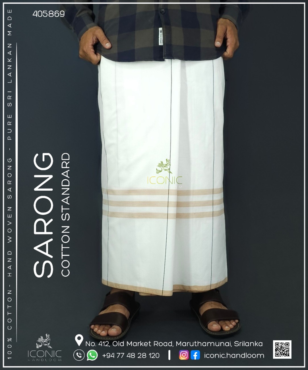 Handloom Cotton Sarong - White and Black with Beige  -   ICS 405869