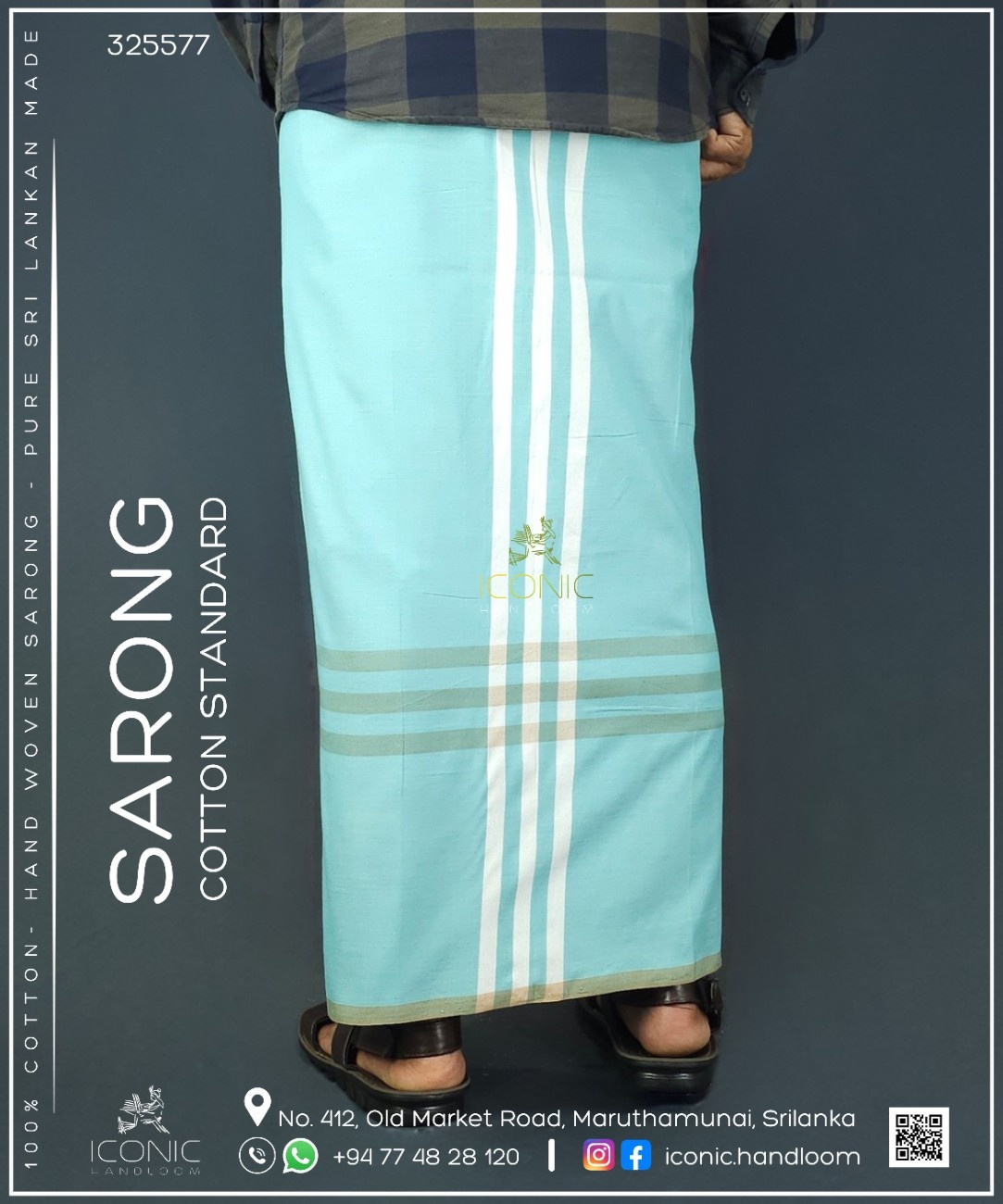 Handloom Cotton Sarong - Aqua Blue and White with Beige  -   ICS 325577