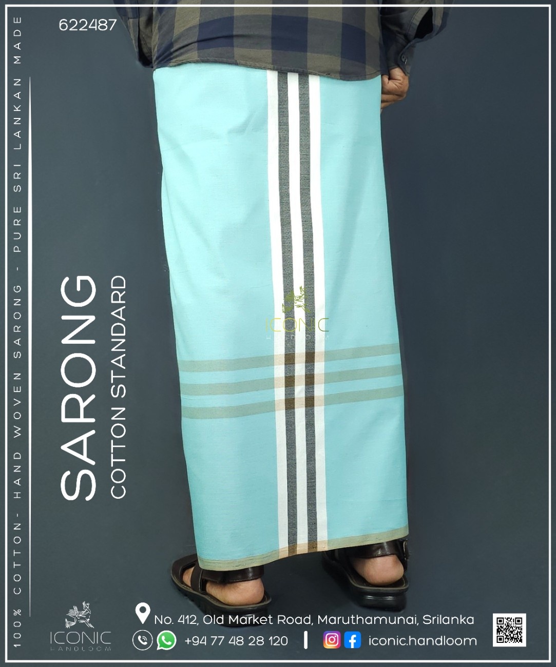 Handloom Cotton Sarong - Aqua Blue, White and Charcoal Grey with Beige  -  ICS 622487