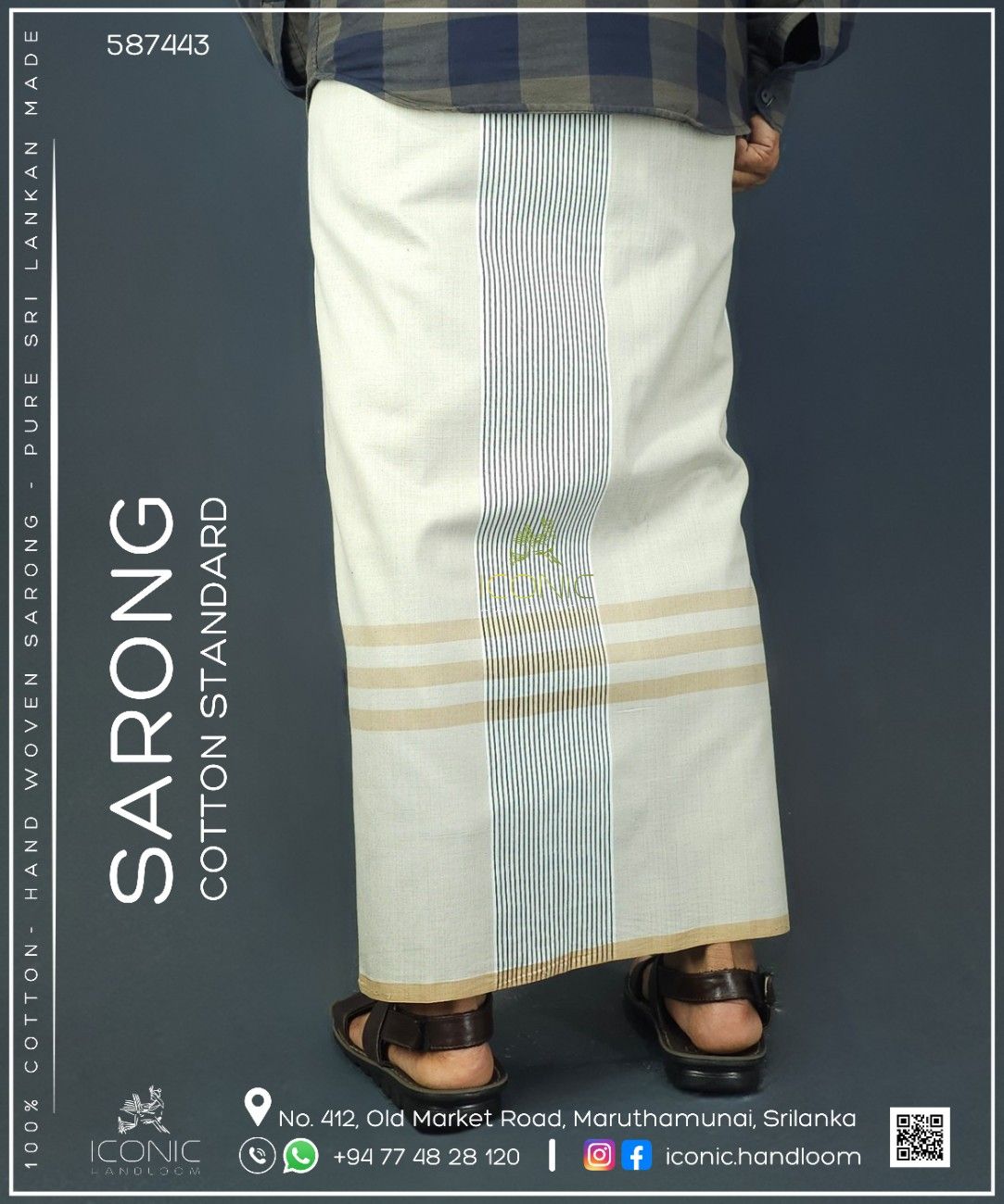 Handloom Cotton Sarong - Beige, Charcoal Grey and Aqua Blue with Beige  -  ICS 587443