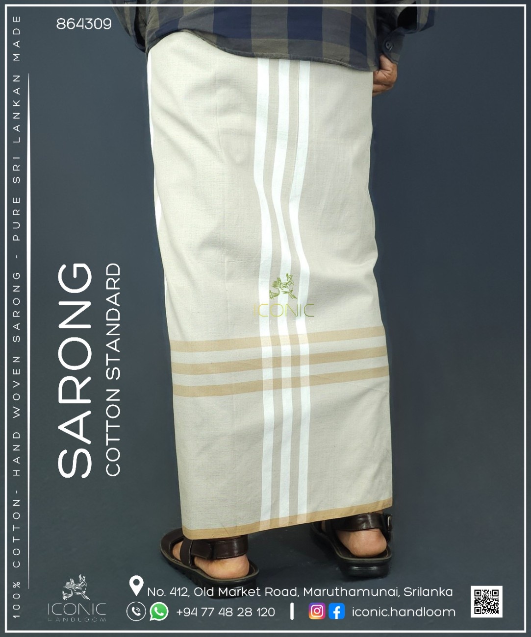 Handloom Cotton Sarong - White with Beige  -  ICS 864309