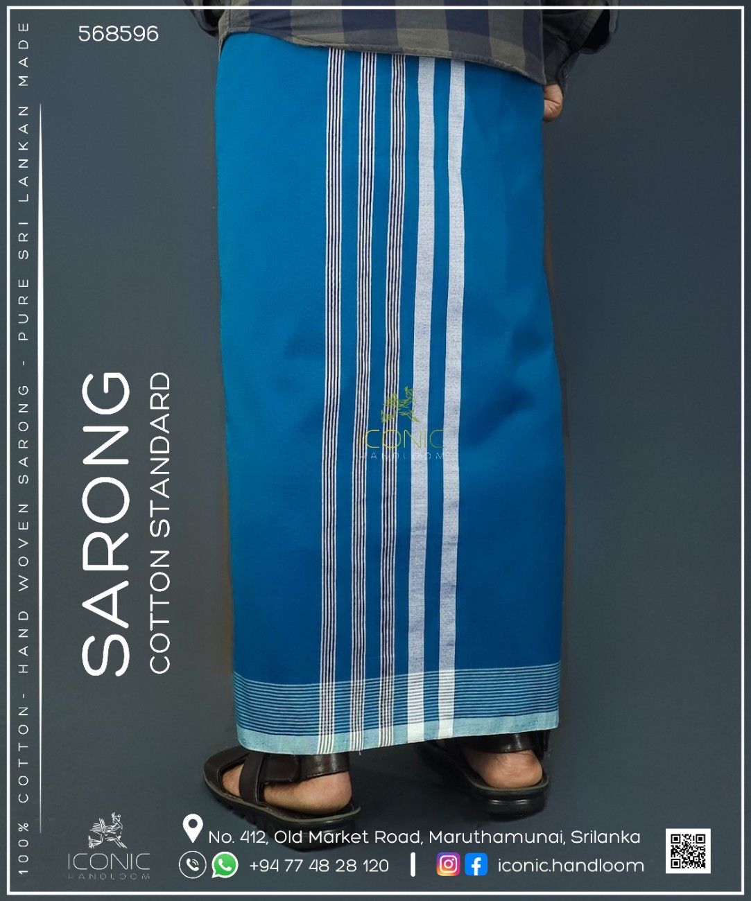 Handloom Cotton Sarong - Teel and Silver with Cream Bottom Border  -   ICS 568596