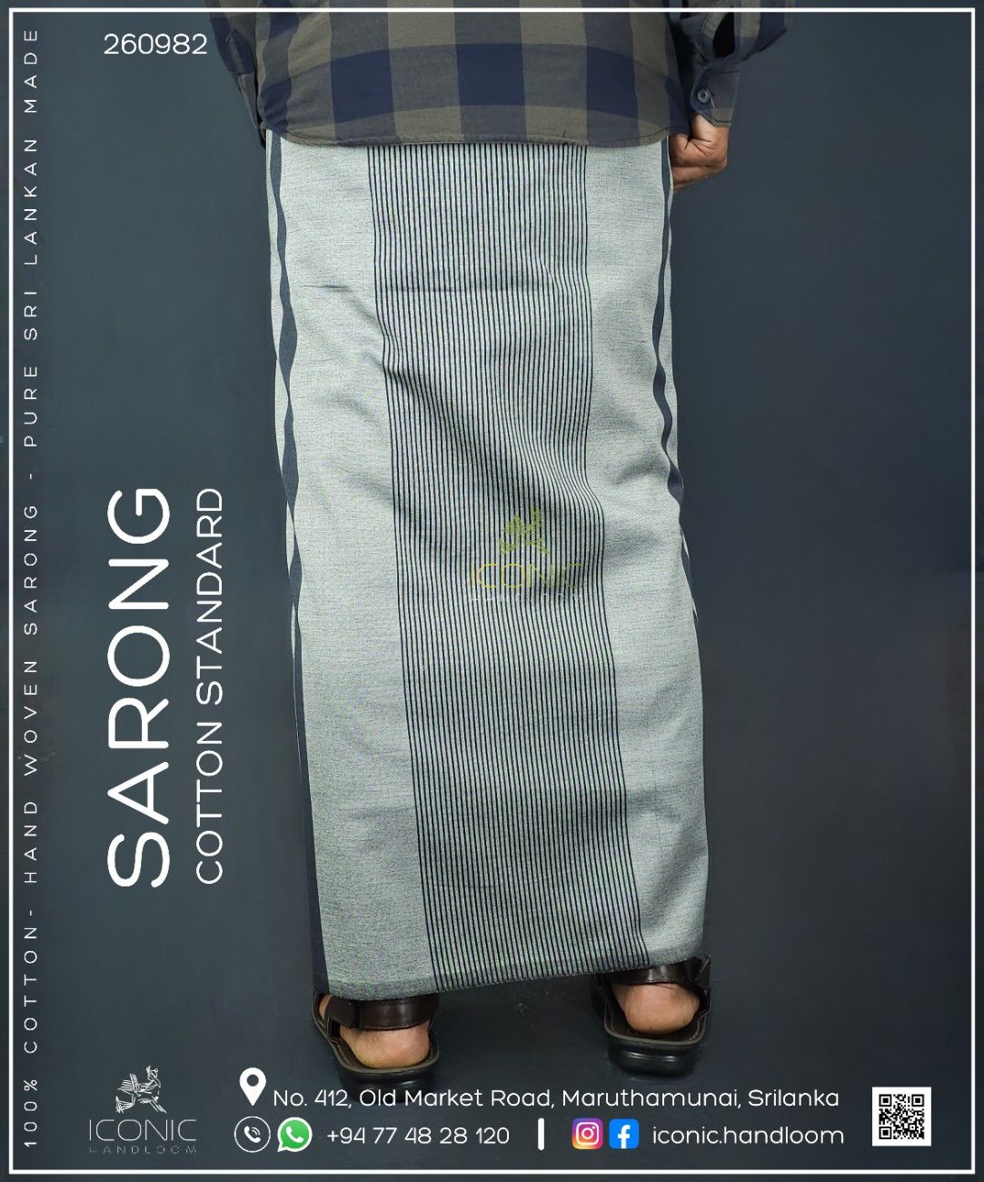 Handloom Cotton Sarong - Dark Grey with Silver  -   ICS 260982