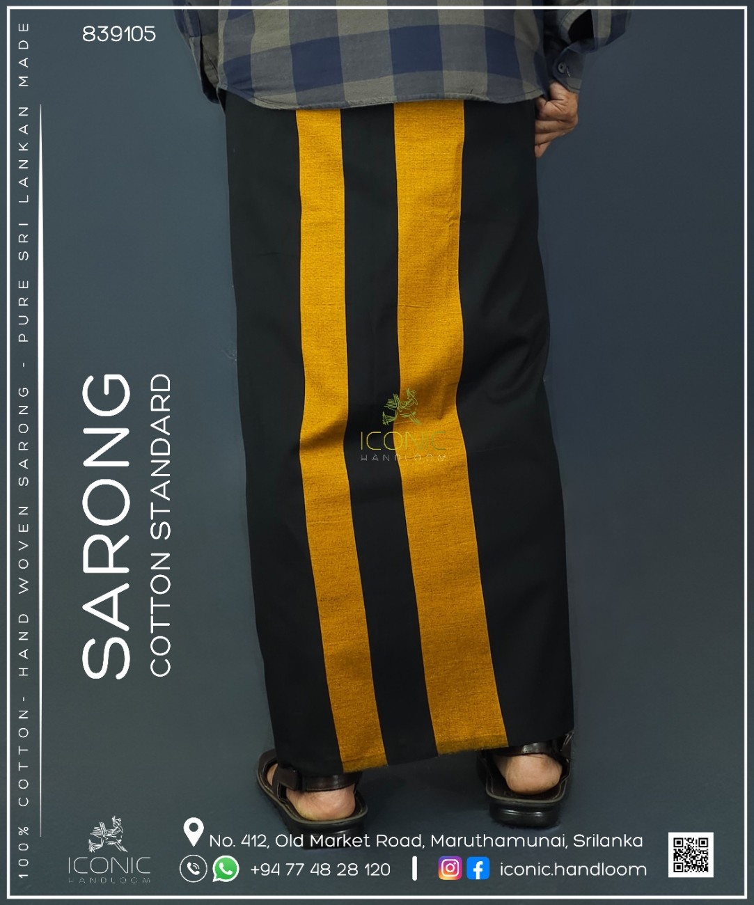 Handloom Cotton Sarong - Black and Golden Yellow  -  ICS 839105