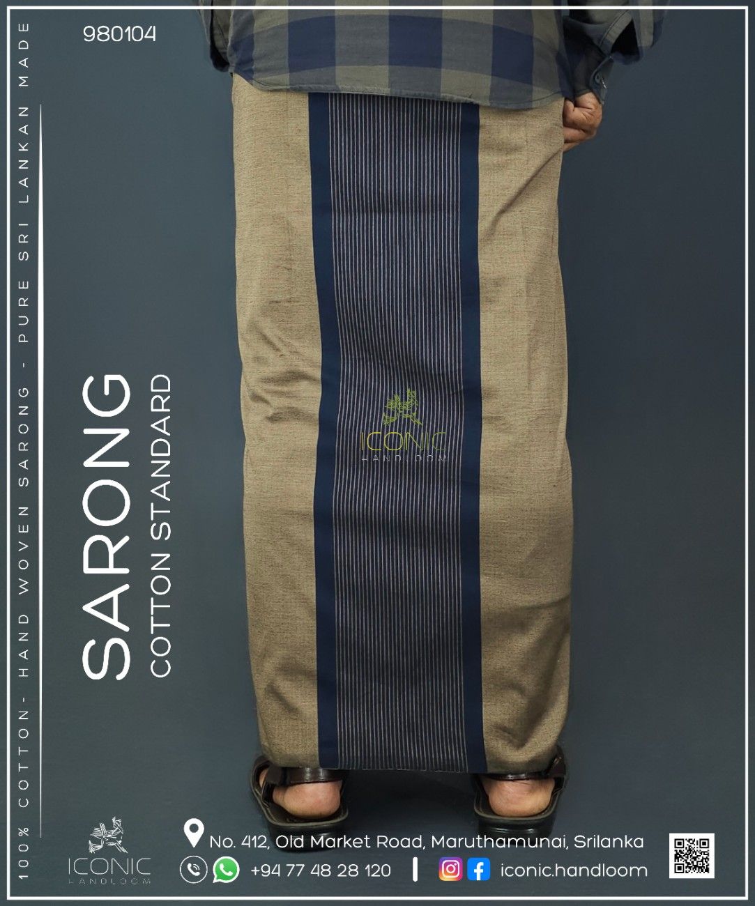 Handloom Cotton Sarong - Beige with Dark Navy Blue Stripes  -   ICS 980104