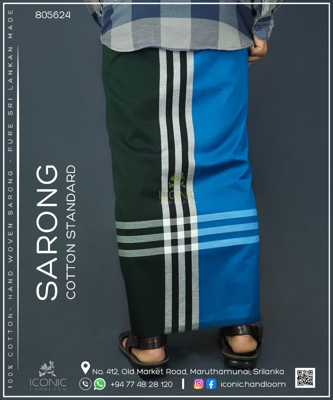 Handloom Cotton Sarong - Dark Green and Peacock Blue with Silver  -  ICS 805624