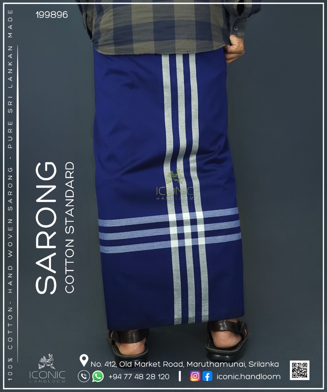 Handloom Cotton Sarong - Deep Royal Blue with Silver  -  ICS 199896