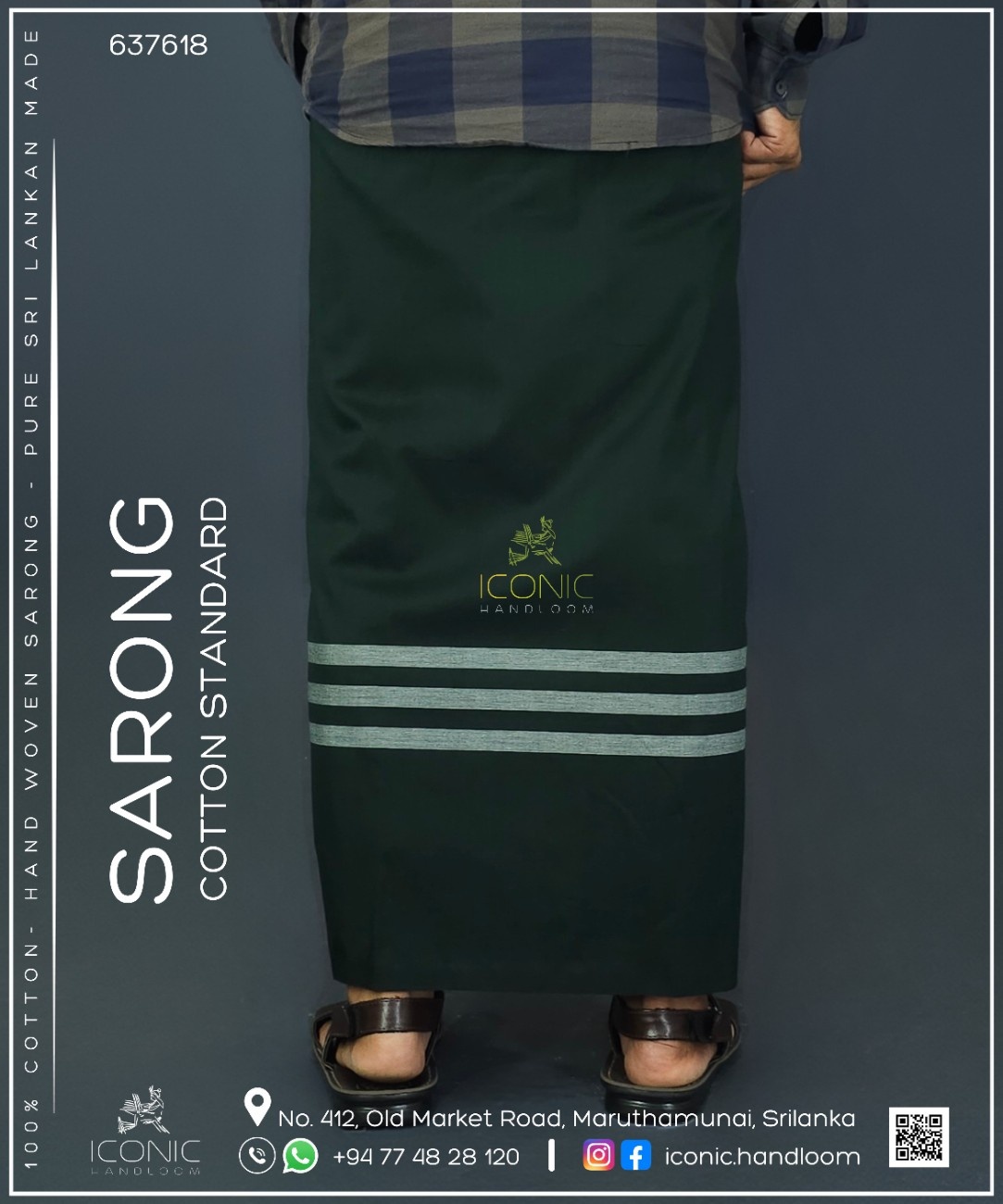Handloom Cotton Sarong - Dark Green with Silver  -  ICS 637618