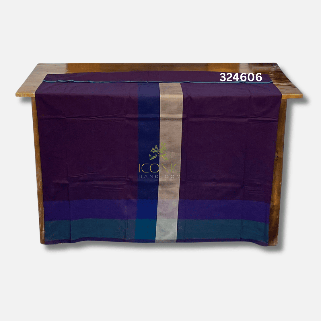 Handloom Cotton Sarong - Deep Purple and Beige with Dark Blue  -  ICS 324606